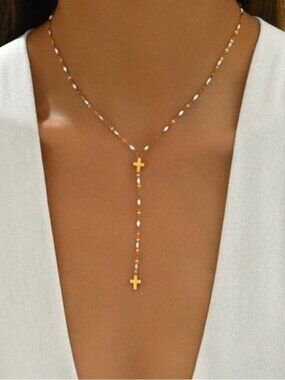 Gold Plated Stainless Steel Cross Lariat Necklace Dainty Rosary Style  Pendant
